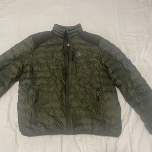 Green men’s water proof jacket.